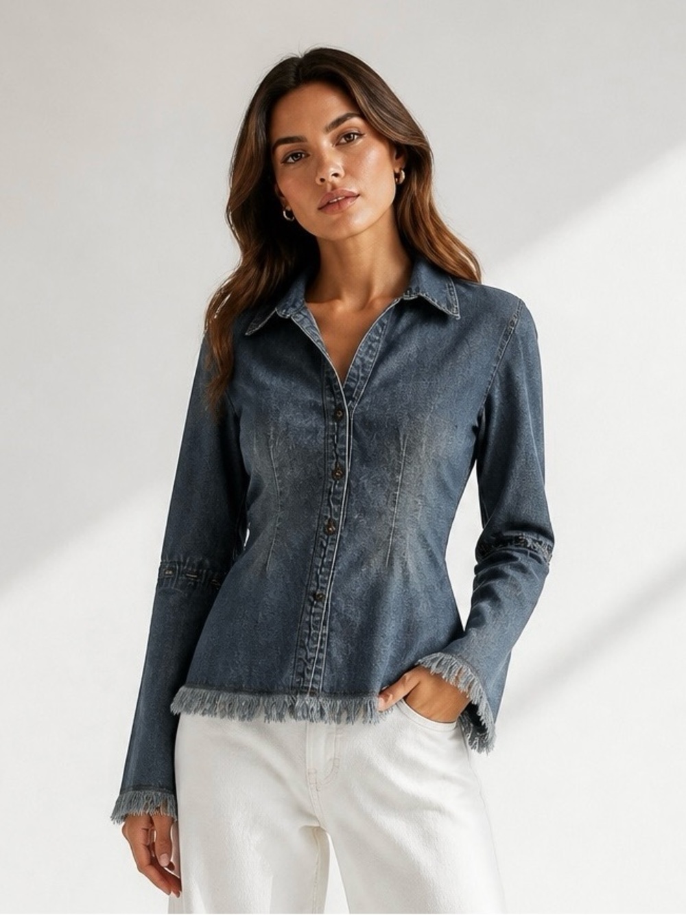 Elegantly Tailored Fringed Denim Blouse Fitted Long Sleeve Button-Down Top